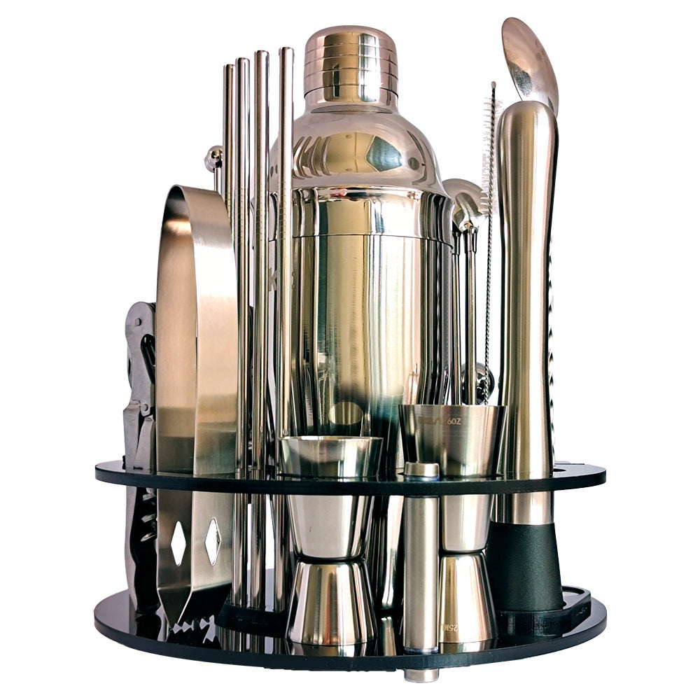 Complete Bar Set (Stainless) with Rotating Base in Black Acrylic 30 pieces.