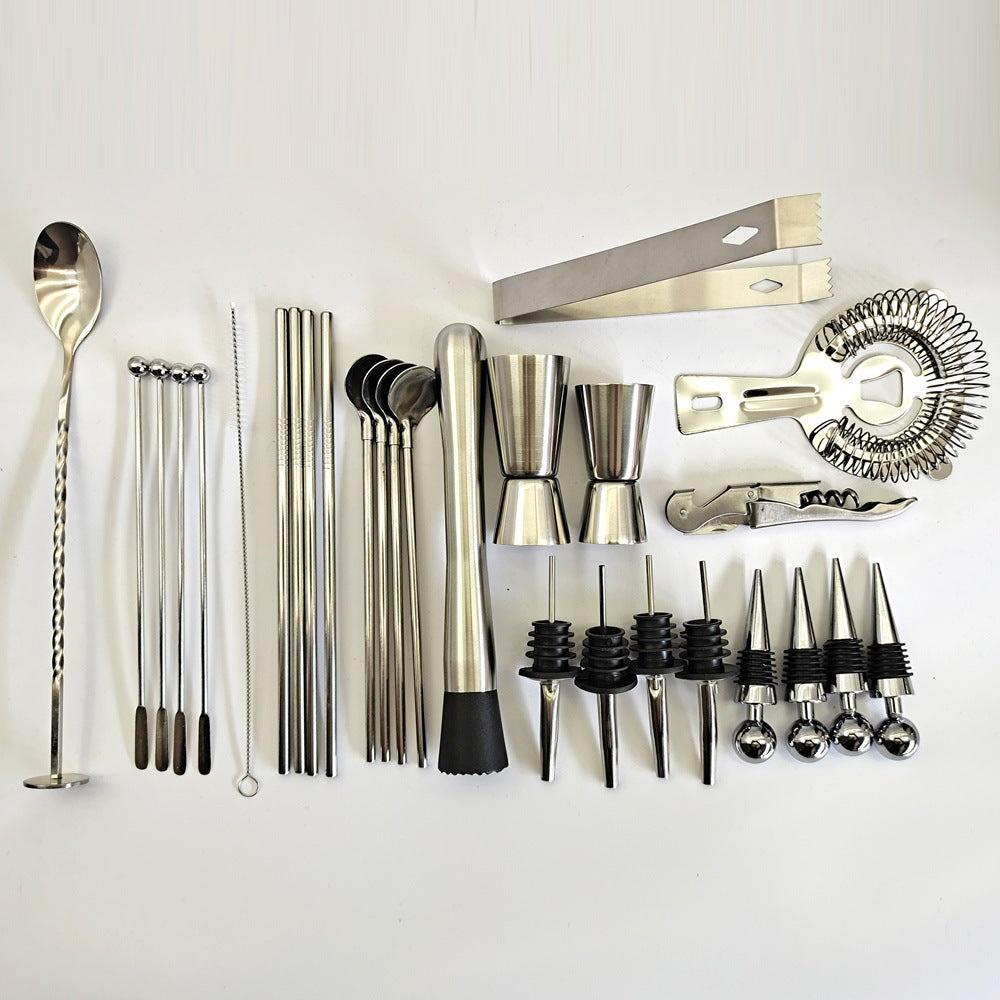 Complete Bar Set (Stainless) with Rotating Base in Black Acrylic 30 pieces.