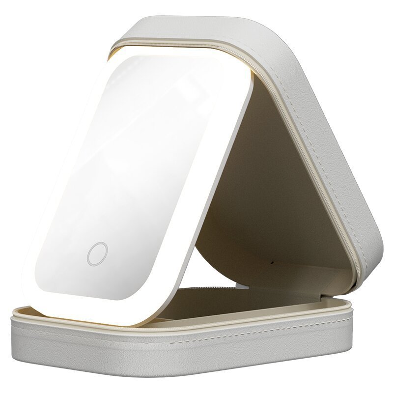 Espejo con iluminación LED, recargable con almacenamiento para maquillaje o joyas.