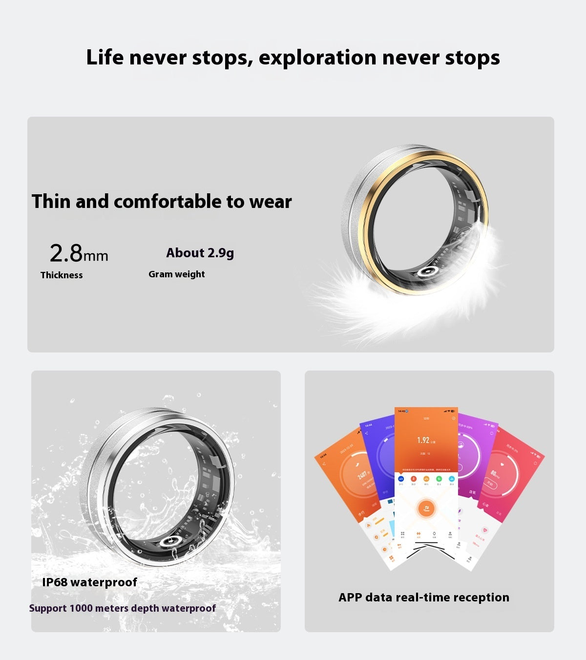 Anillo inteligente unisex 2024 con monitorización de frecuencia cardíaca y oxígeno en sangre, múltiples modos deportivos, resistente al agua IP68 para Android e iOS.