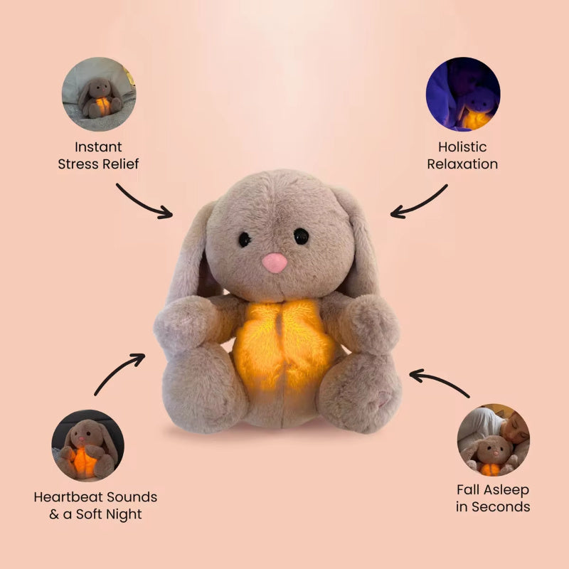 Conejo con efecto calmante como sonidos respiratorios e iluminación para niños y adultos.