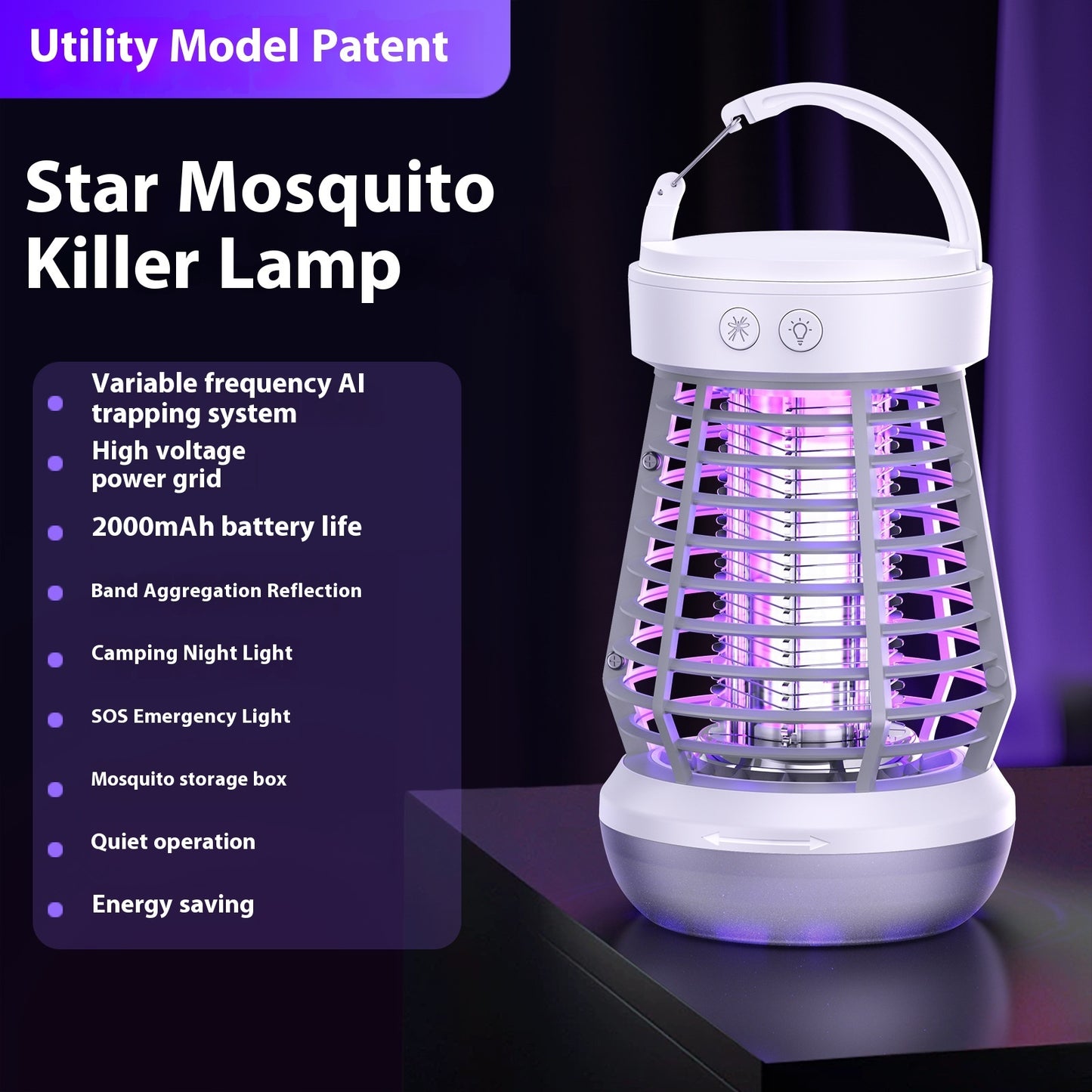 2 in 1 Insect killer perfect for the terrace, camping or at home, with lighting and SOS lamp. USB rechargeable energy efficient.