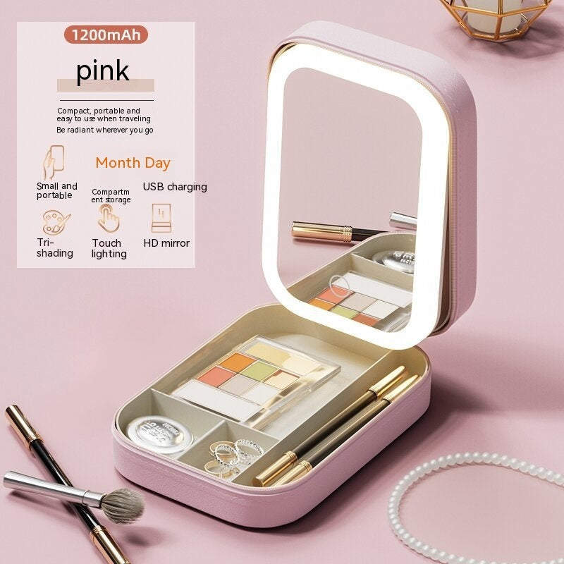 Espejo con iluminación LED, recargable con almacenamiento para maquillaje o joyas.