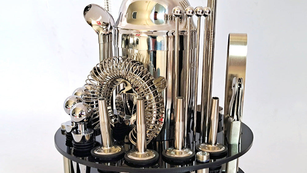 Complete Bar Set (Stainless) with Rotating Base in Black Acrylic 30 pieces.