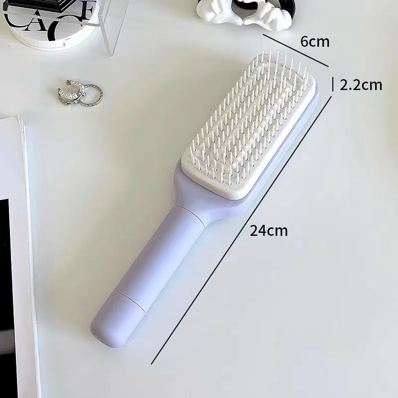 Simple self-cleaning hairbrush. Available in several colors.