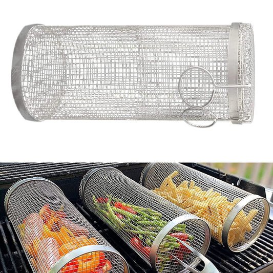 Rolling Metal Grill Basket. BBQ Grill Basket in Mesh.