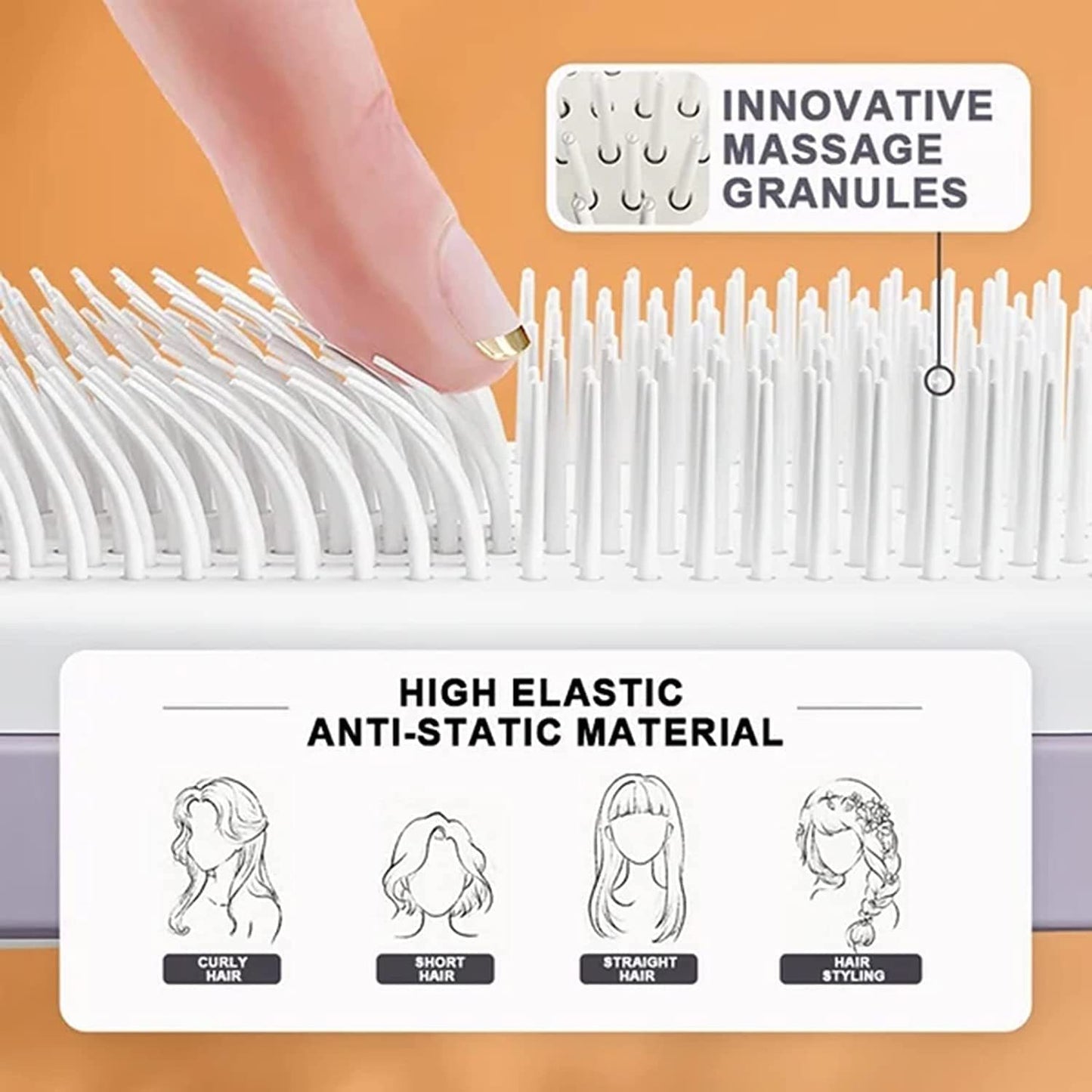 Simple self-cleaning hairbrush. Available in several colors.