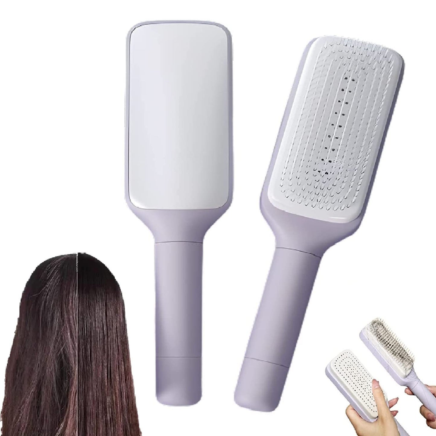 Simple self-cleaning hairbrush. Available in several colors.